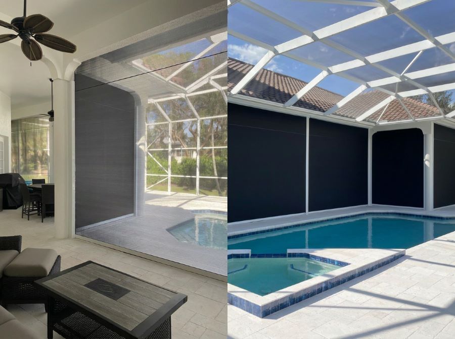 Motorized Kevlar hurricane screens installed on Naples Marco Island FL lanai interior and exterior view