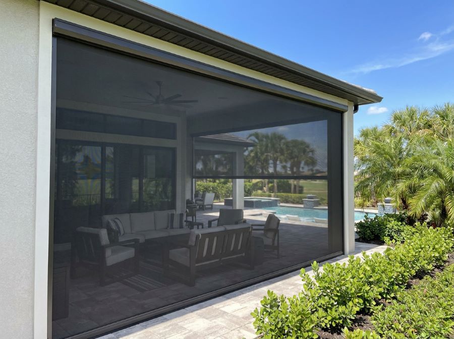 motorized Kevlar screen deployed porch Bonita Springs and Estero, FL